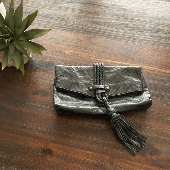 Hype Leather black blue green braided tassel fold over large capacity clutch - Picture 2 of 7